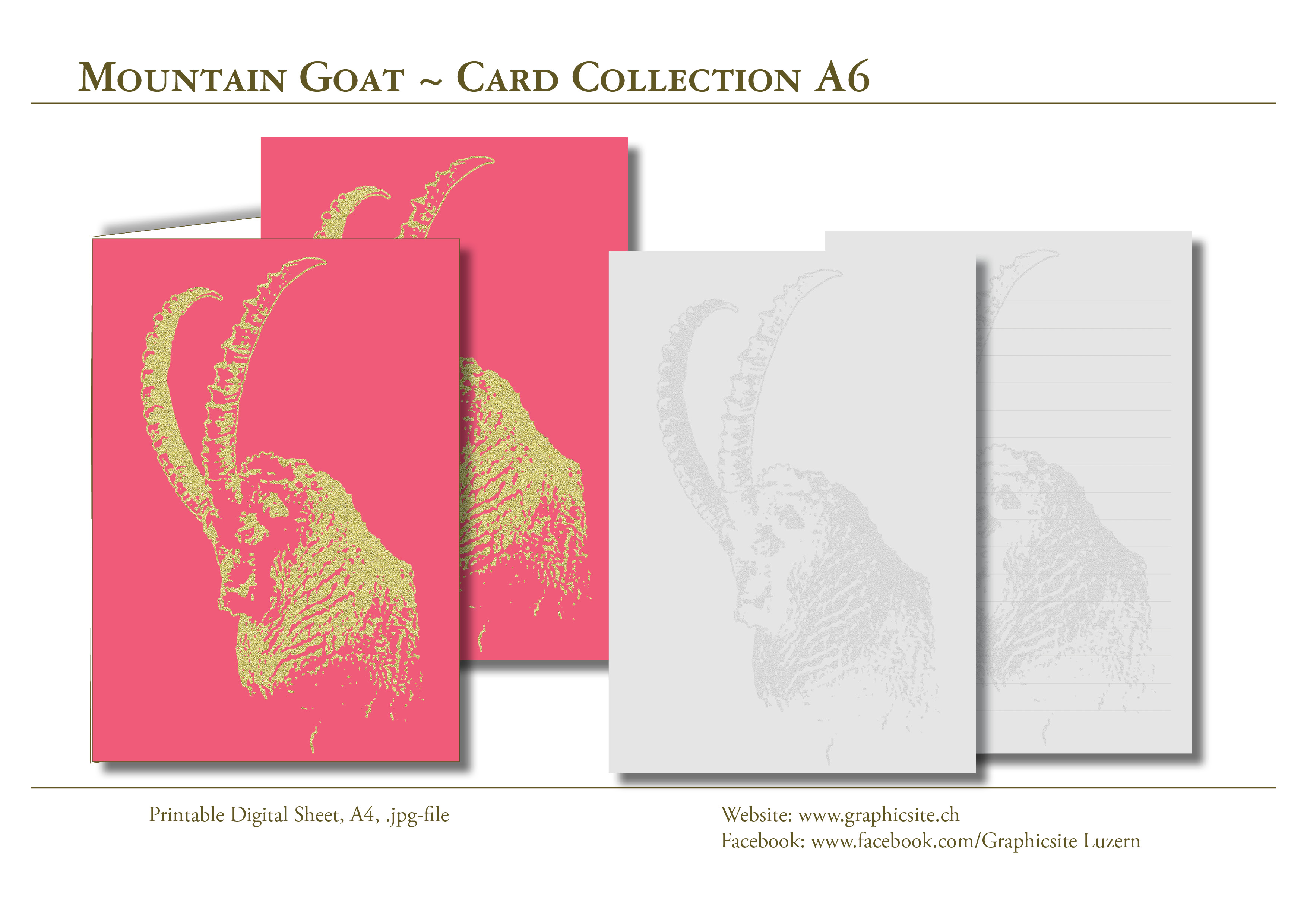 Printable Digital Sheets, Card Collection A6, Greeting Cards, Notecards, Mountain Goat, Capricorn, Pink, Yellow,